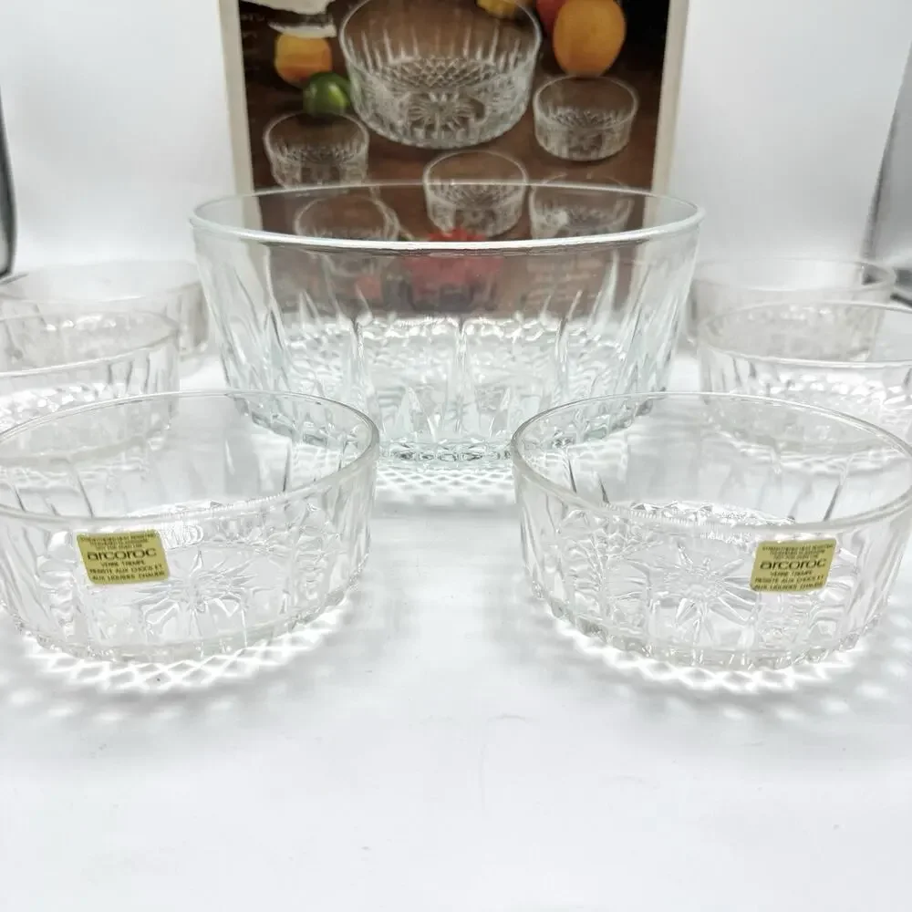Vintage Arcoroc France Diamant 7 Piece Tempered Glass Salad Bowl Set France